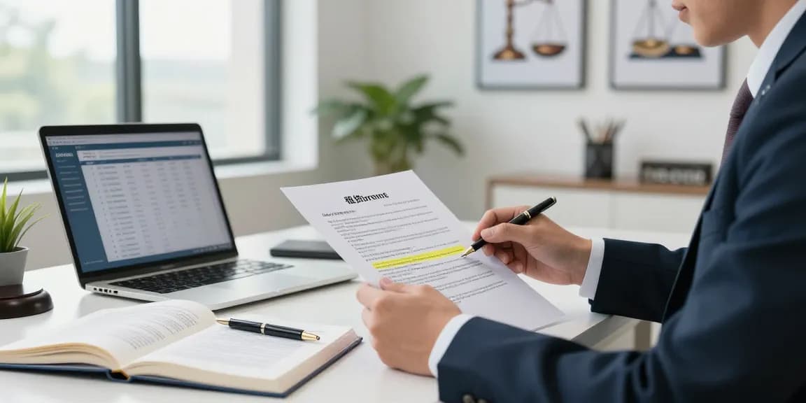 Kira sözleşmesi örneği incelenen modern ofis ortamında avukatın derinlemesine çalışması.