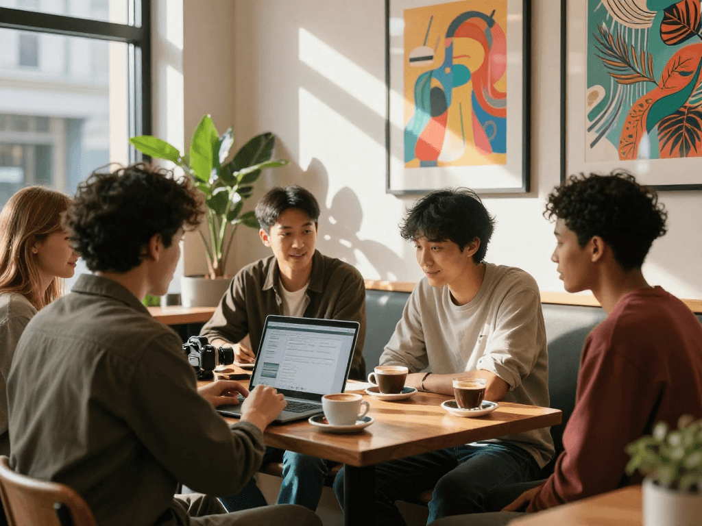 Friends discussing nsfw content casually over coffee in a cozy urban cafe.