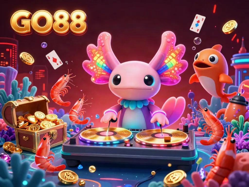 Experience the exciting world of GO88 with vibrant characters and dynamic gaming elements surrounding the neon axolotl DJ.
