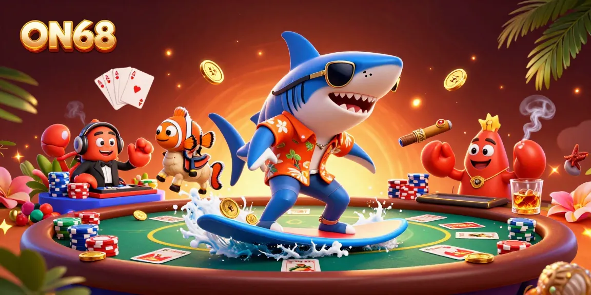Experience thrilling gambling action with ON68's vibrant casino scene featuring a surfboard shark, tuxedo clownfish, and DJ crab.