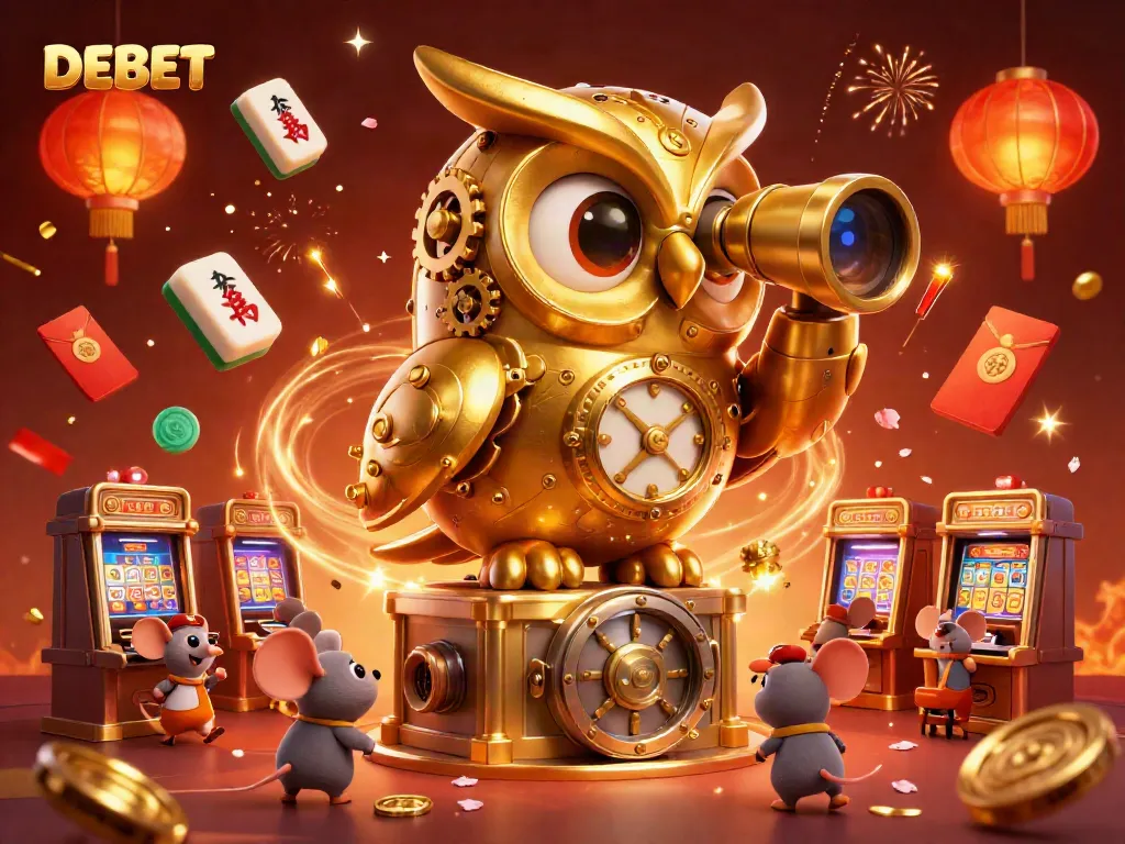 Engage with DEBET's vibrant casino scene featuring a clockwork owl observing gameplay.