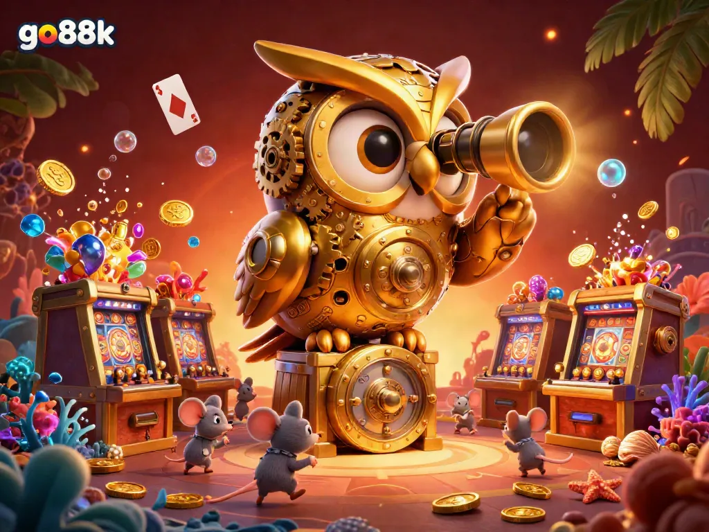 Engage in exciting gaming at go88k with vibrant visuals of a golden owl casino scene.