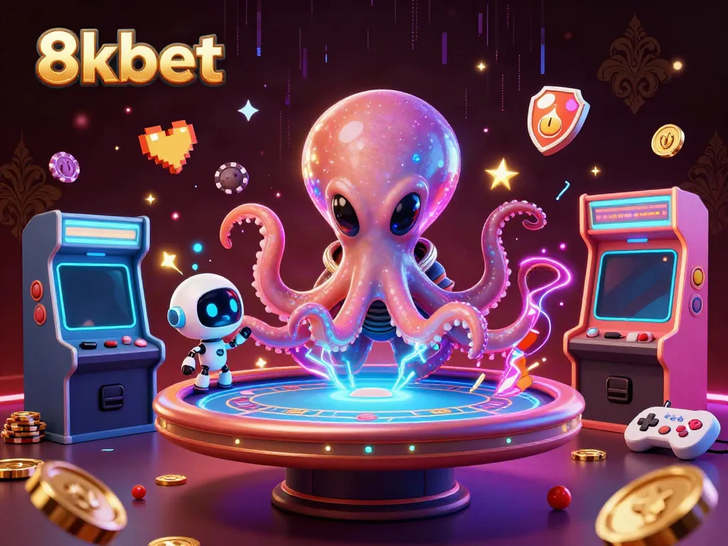 Experience the thrill of 8xbet with an alien octopus at a poker table amidst vibrant gambling visuals.