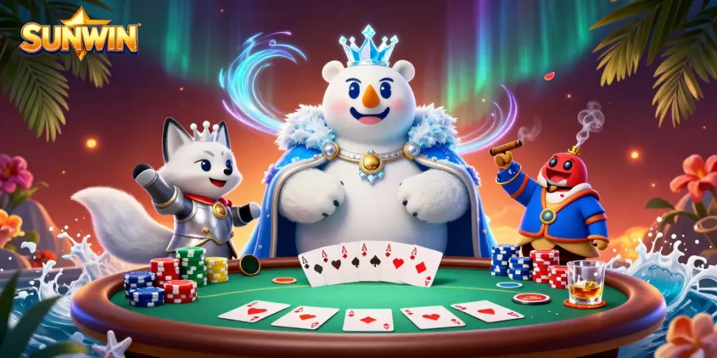 Experience the thrill of SUNWIN with an exciting poker game featuring vibrant 3D characters and elements.