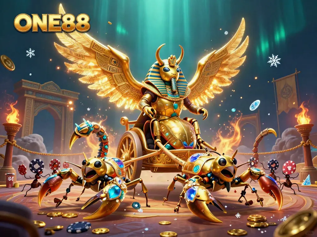 Experience vibrant 3D casino excitement with ONE88's golden beetle and scorpion chariot.