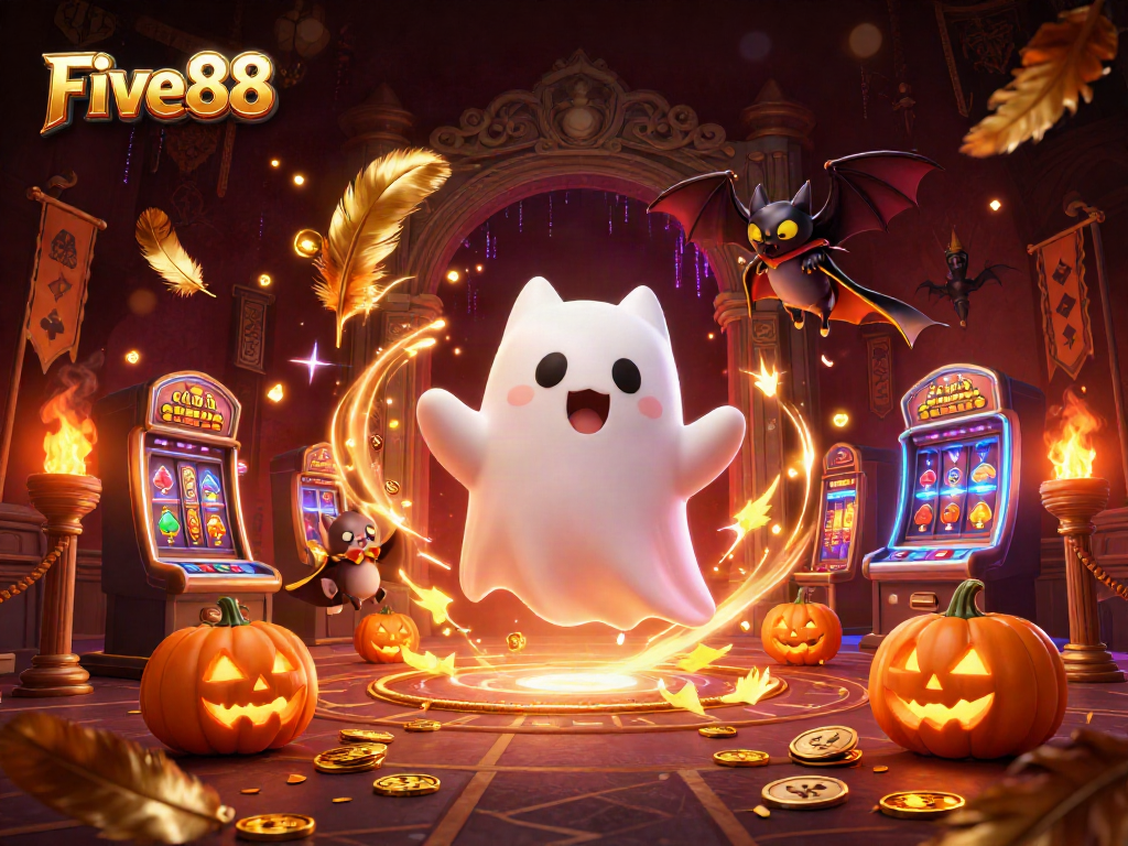 Float through the haunted Five88 casino with a playful ghost cat and a bat companion.