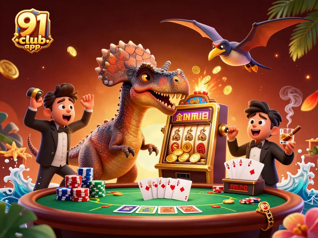 Catch flying coins with the 91 club app in a fun casino environment featuring vibrant characters and elements.