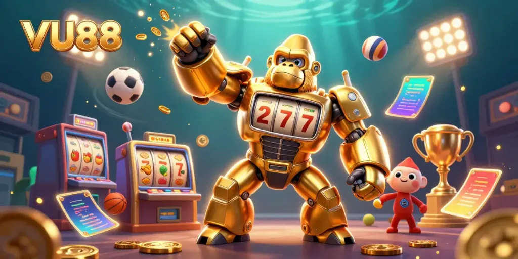 Engage with VU88's thrilling atmosphere featuring a golden gorilla mech and exciting slot action.