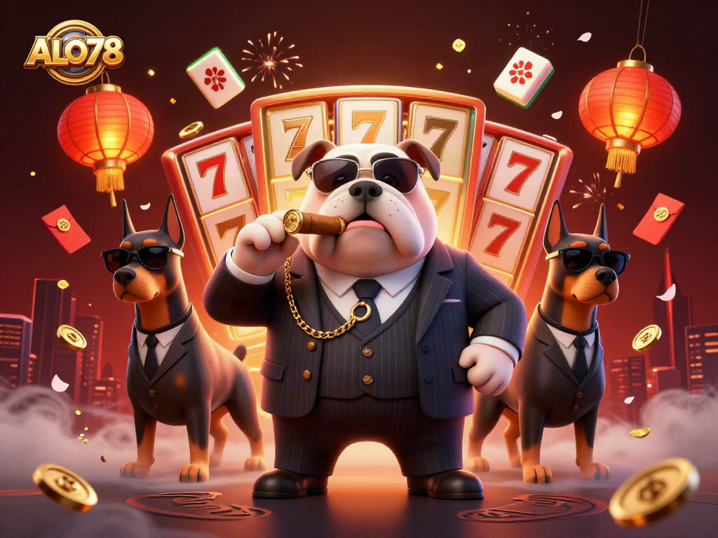 Engage with the thrilling ALO78 casino scene featuring 3D mafia characters and vibrant gaming elements.