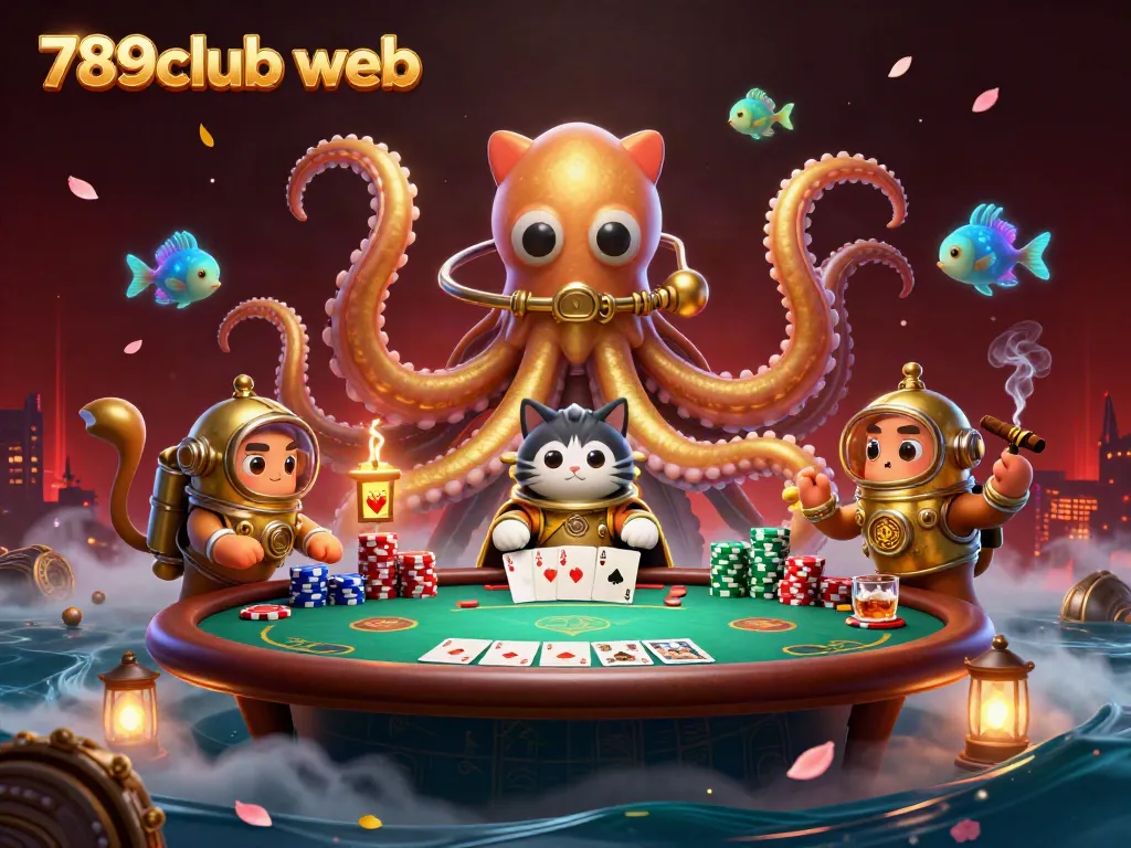 Engaging scene showcasing 789club web, featuring a colossal kraken and diving cat amidst poker elements.