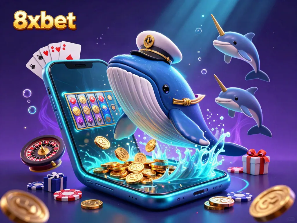 Interact with 8xbet's casino world as playful dolphins and a whale explore a sea of coins.