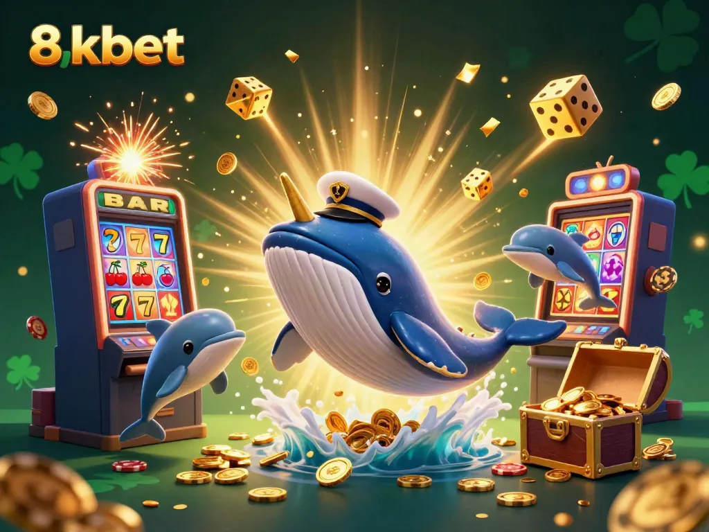 Exciting 8xbet scene with cartoon whale, narwhal, and dolphins in a dynamic casino celebration.