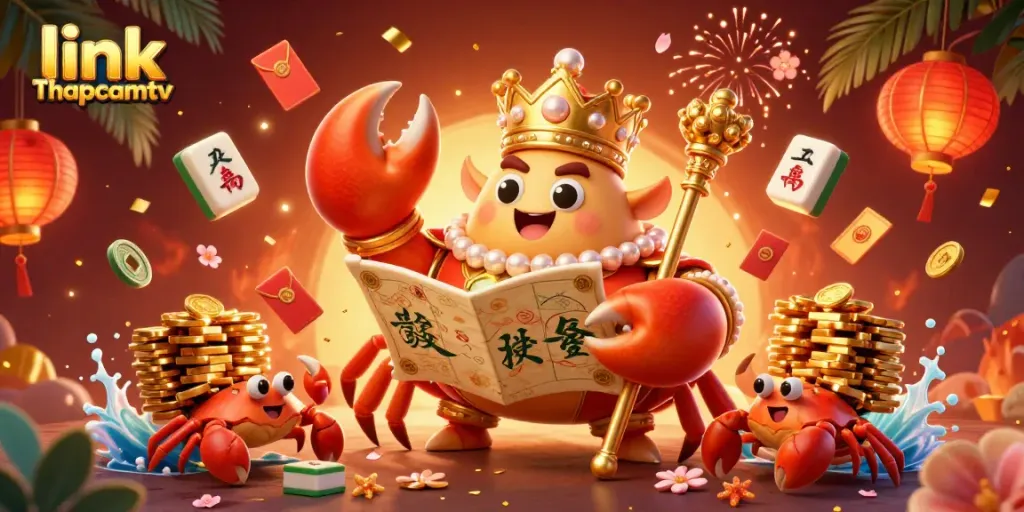 Engage with thrilling gameplay featuring link Thapcamtv in a vibrant and dynamic 3D illustration of a golden crab emperor.