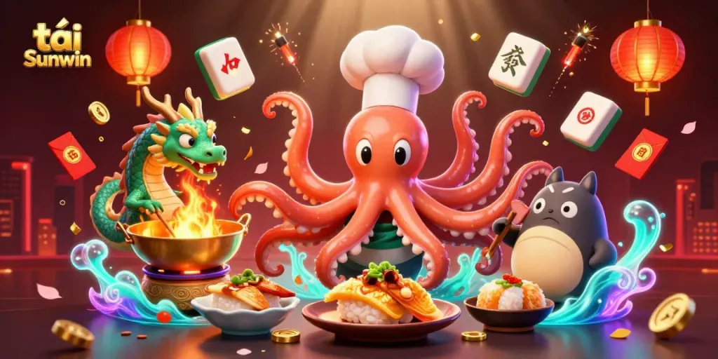 Tải Sunwin for amazing casino gaming experiences with vibrant dragon and octopus characters.