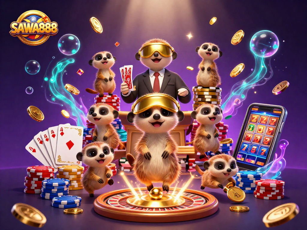 Join the fun at SAWA888 with animated meerkats running an action-packed casino scene filled with excitement!