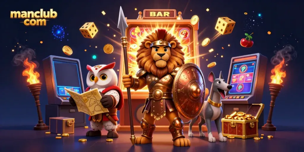 Win big at manclub com with thrilling slots, featuring a Spartan lion, tactical owl, and greyhound in a vibrant casino scene.