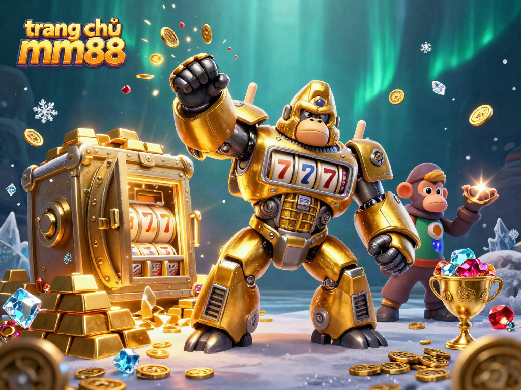 Experience the excitement at trang chủ mm88 with a thrilling scene of a golden gorilla mech amidst jewels and treasures.