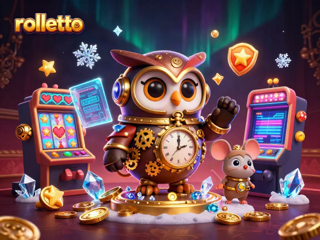 Experience rolletto's magic as our time-traveling owl spins festive slot reels in a dynamic casino illustration.