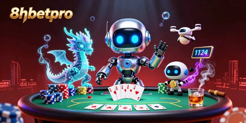 Engage in thrilling gameplay with 8xbetpro's vibrant casino scene featuring a futuristic robot and poker elements.