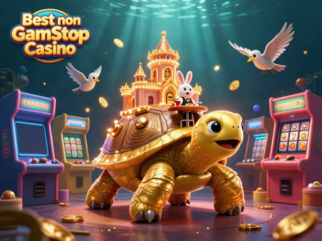 Experience the thrill of the Best non Gamstop Casino with a vivid 3D scene showcasing gaming excitement and wealth.