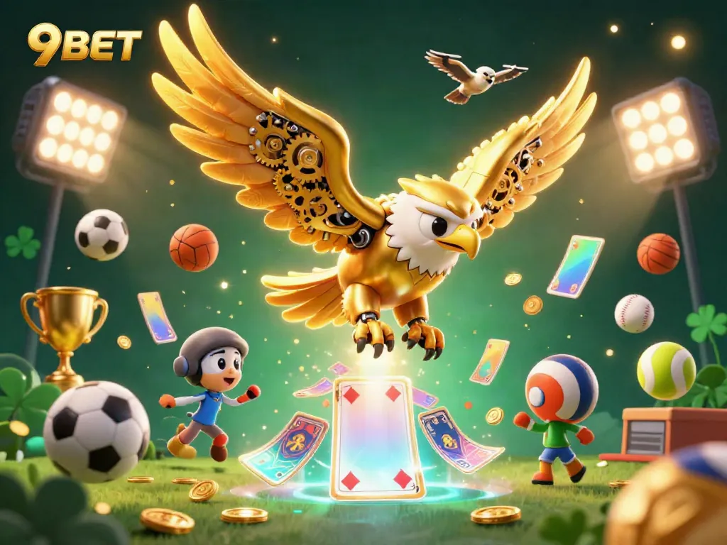 Experience thrilling gaming with 9BET, featuring a dynamic scene with a golden eagle surrounded by sports elements.