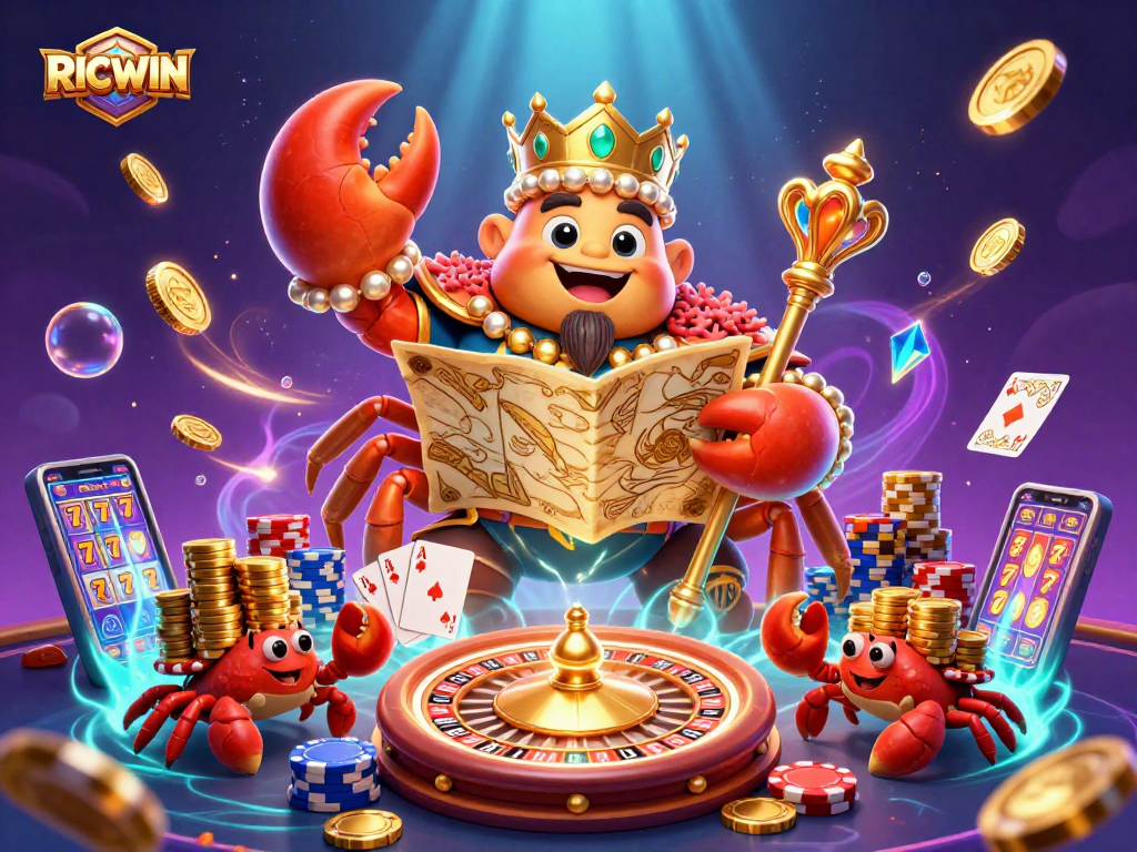 Experience the thrill of RICWIN with a vibrant casino illustration featuring a golden crab emperor amid cascading coins and game elements.