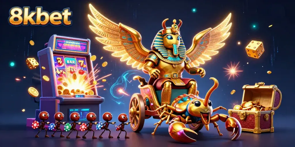 Experience the thrill of winning with 8xbet's vibrant 3D casino illustration featuring exciting gambling elements and characters.