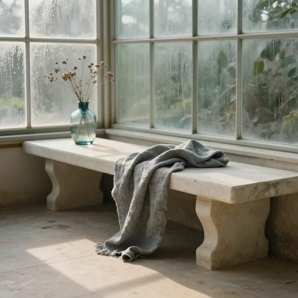 Limestone bench, linen throw and smoked glass vase in a misty greenhouse.