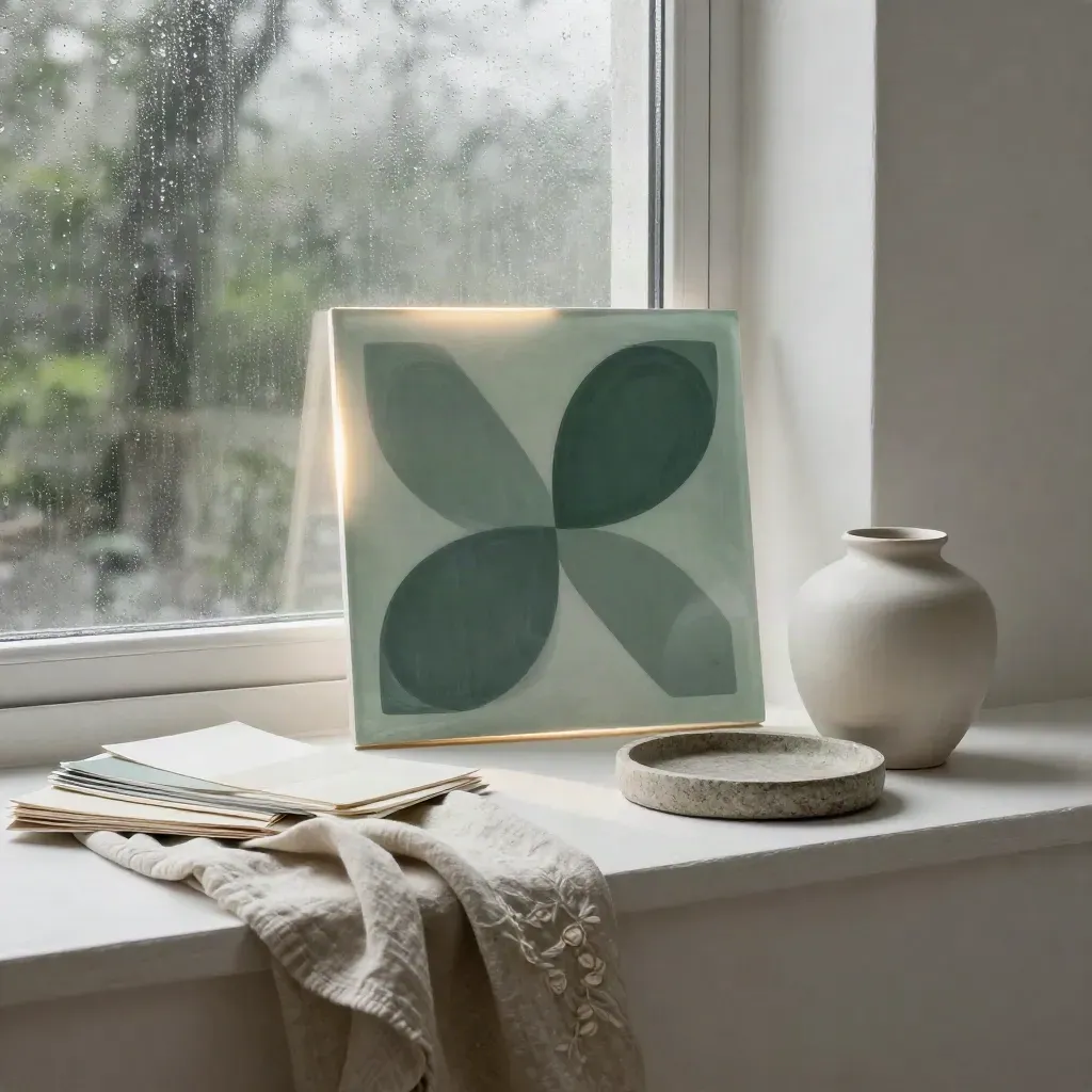 Studio toolkit by rainy window with acrylic logo tile, linen, paper swatches, stone tray, ceramic vessel.