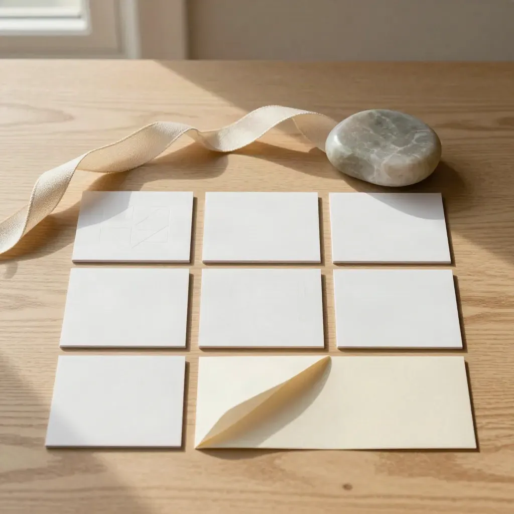 Flatlay of blank brand cards, emblem tile, linen ribbon and stone paperweight on pale oak.