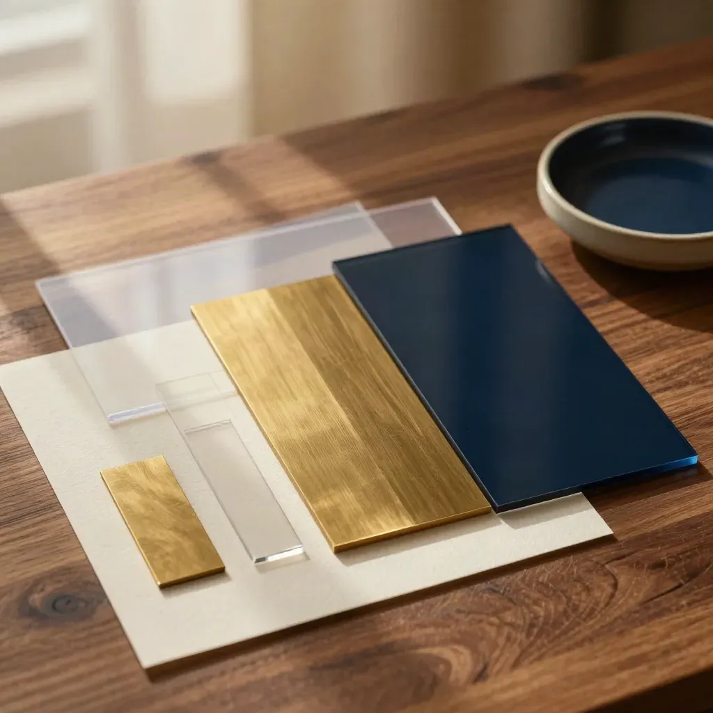 Abstract logo tiles in paper, brass, and acrylic with tracing sheets and a ceramic dish on a walnut surface.