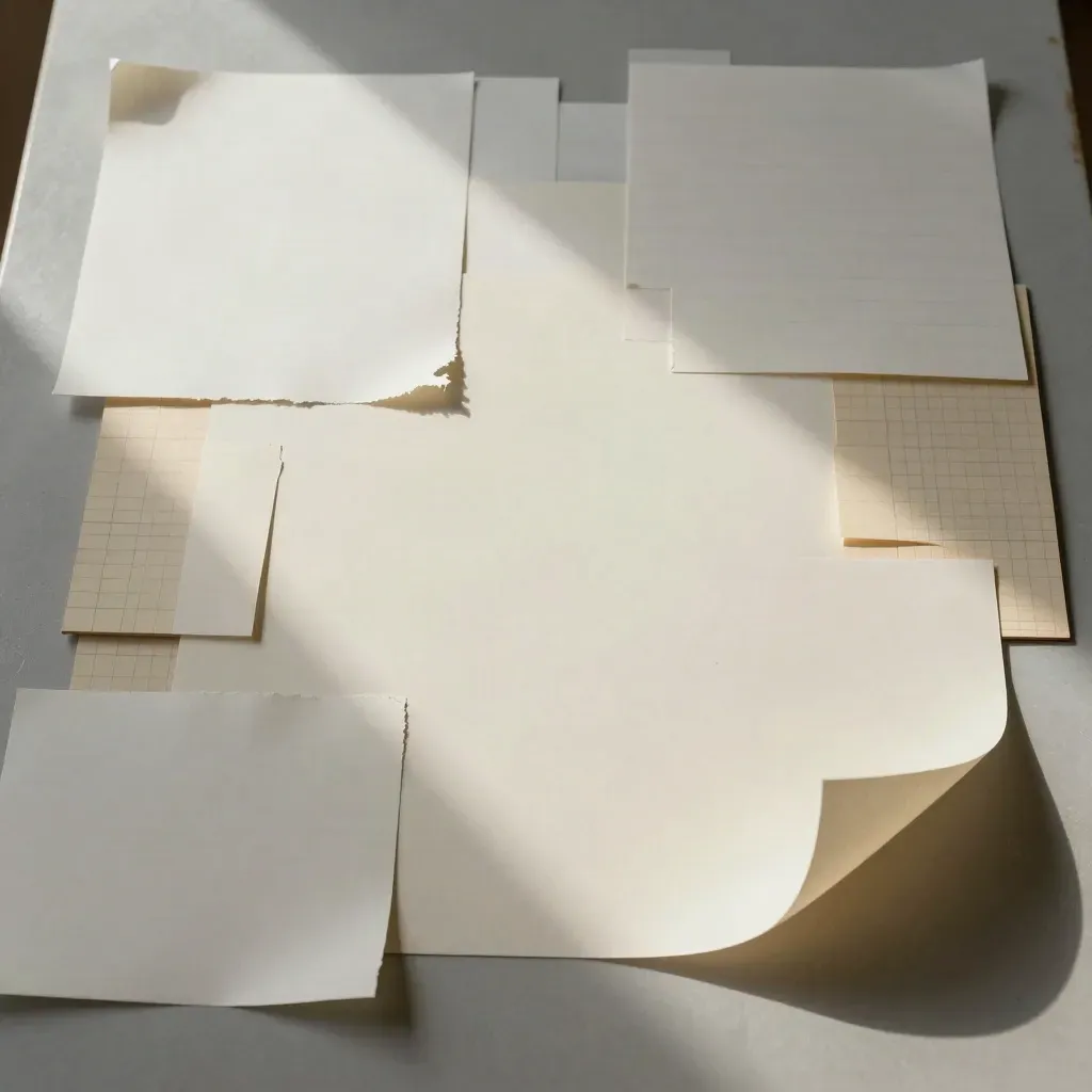 Top-down layout table with cream sheets, torn margins, folded notes, and a pale wooden grid board.