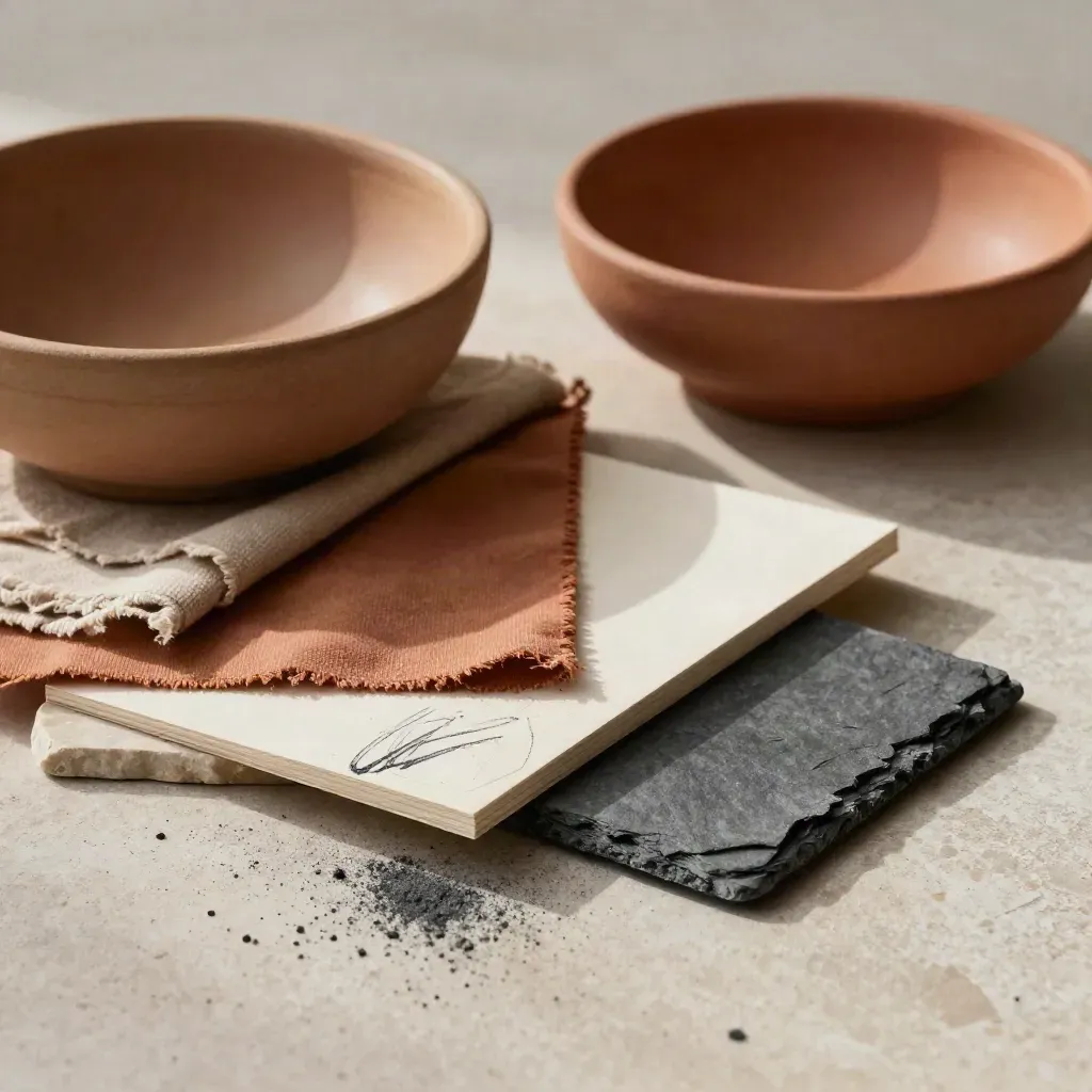 Fabric swatches, stone samples and a ceramic bowl align in soft terracotta light.