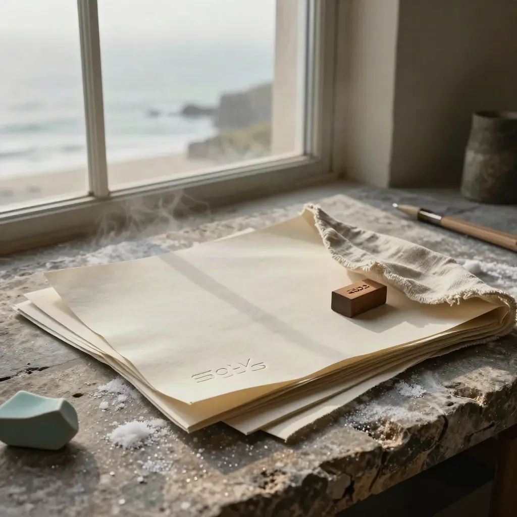 Coastal logo studio still life with carved wood mark, shell paper and wind-brushed linen on stone.
