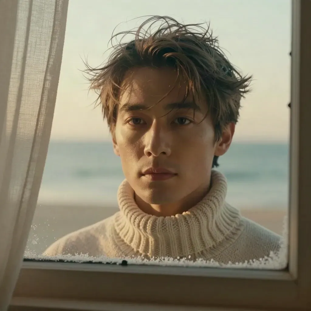 Calm head-and-shoulders portrait by a bright window, with wind-touched hair and a pale knit collar.