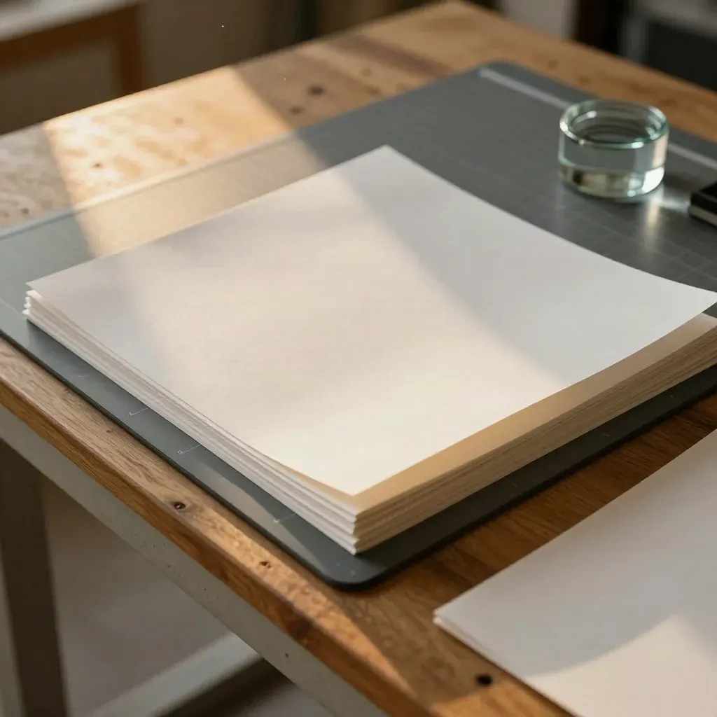 Overhead print proofs, face-down cutting mat, and glass paperweight on a warm oak table.