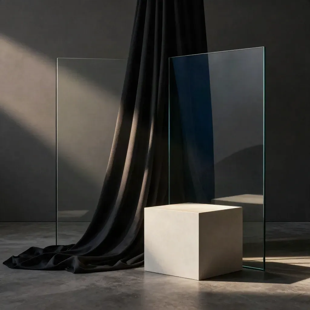 Dark studio glass panels with a sweeping light highlight and black drape