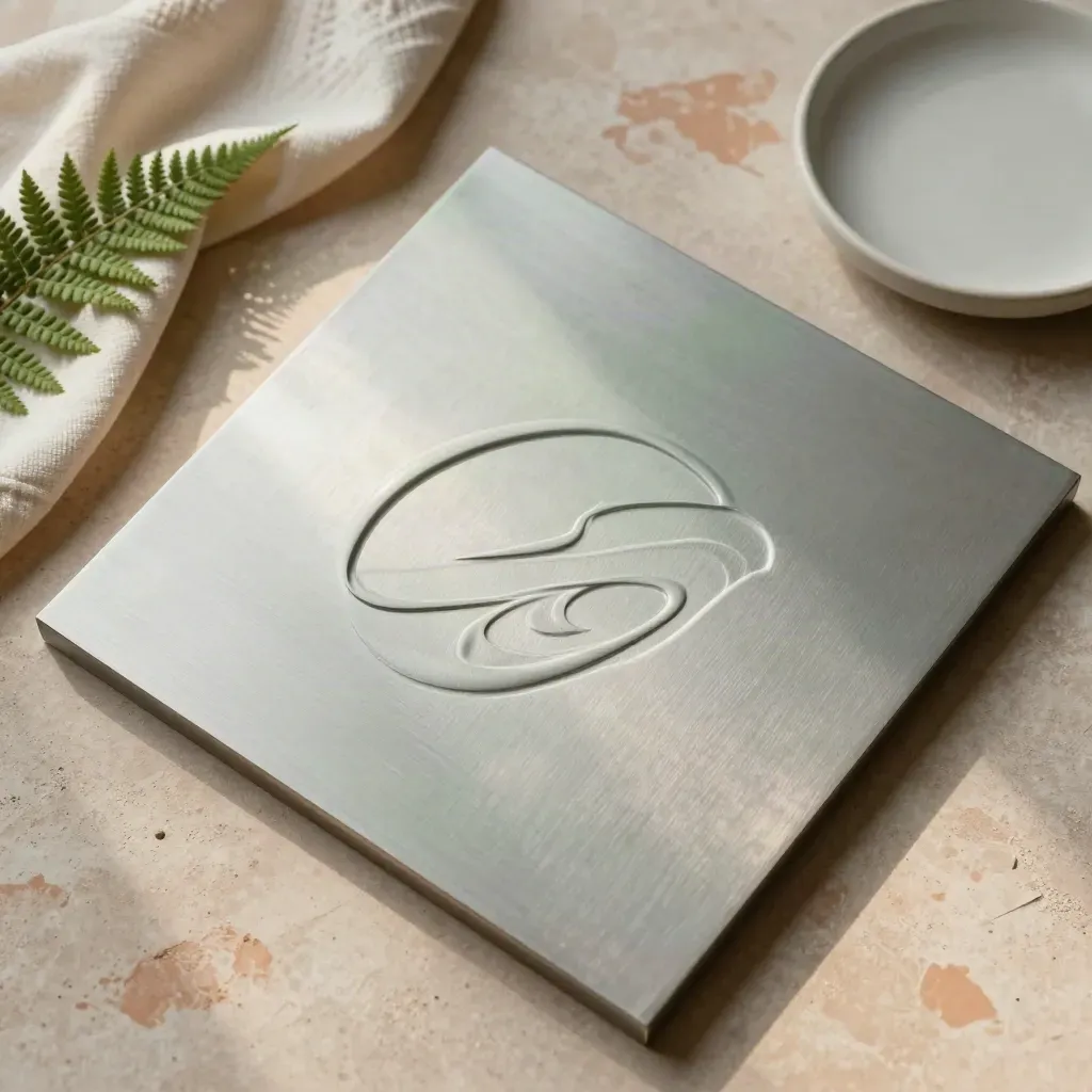 Embossing plate, fern sprig, ecru cloth and ceramic dish on a warm pale stone flatlay.
