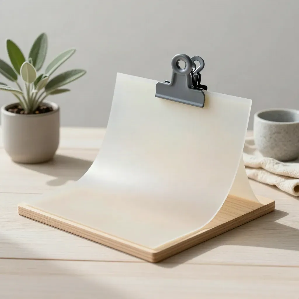 Diffusion sheet clipped to a pale board with plant, cloth and cup in soft window light.