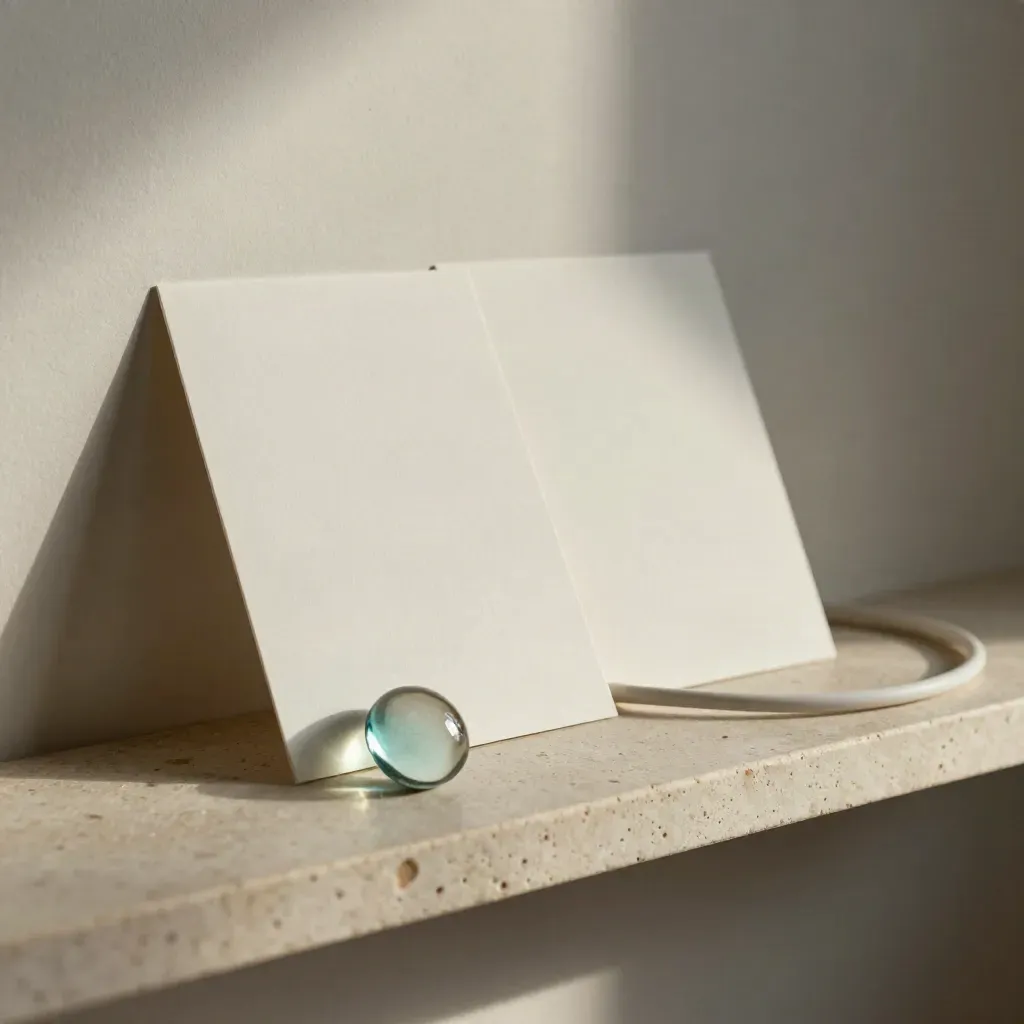 Blank frame cards, glass pebble and coiled cable on a stone shelf in soft light.