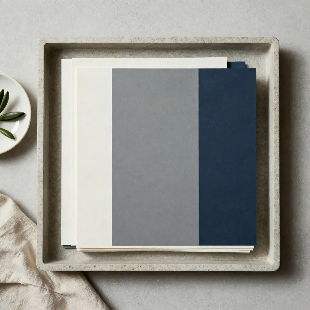 Overhead flatlay of cut paper blocks, ceramic dish, olive sprig, and folded cloth on a stone tray