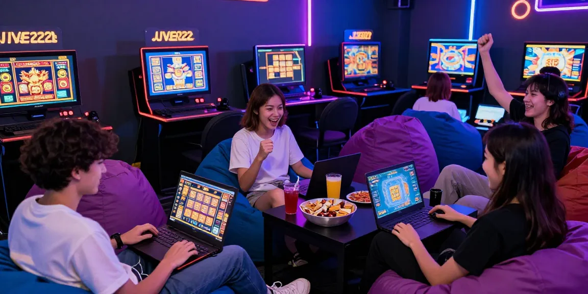 Players enjoying link slot gacor in an energetic gaming lounge with vibrant lighting.