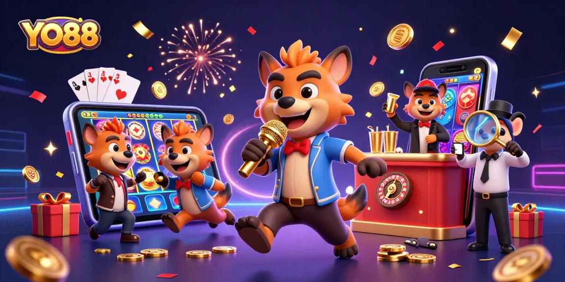 Experience thrilling moments at YO88 with a lively hyena casino comedy club scene, showcasing vibrant gaming elements.