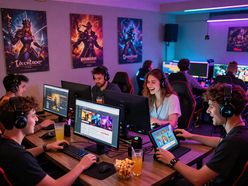Exciting gaming scene showcasing players engaged in porn games HTML from Lewdspot around PCs and tablets, vibrant atmosphere.
