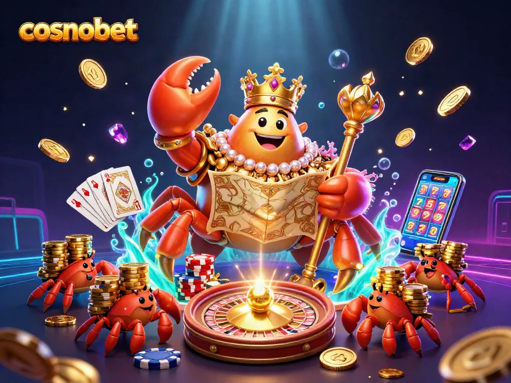 Experience excitement at cosmobet with the golden crab emperor in a vibrant casino scene.
