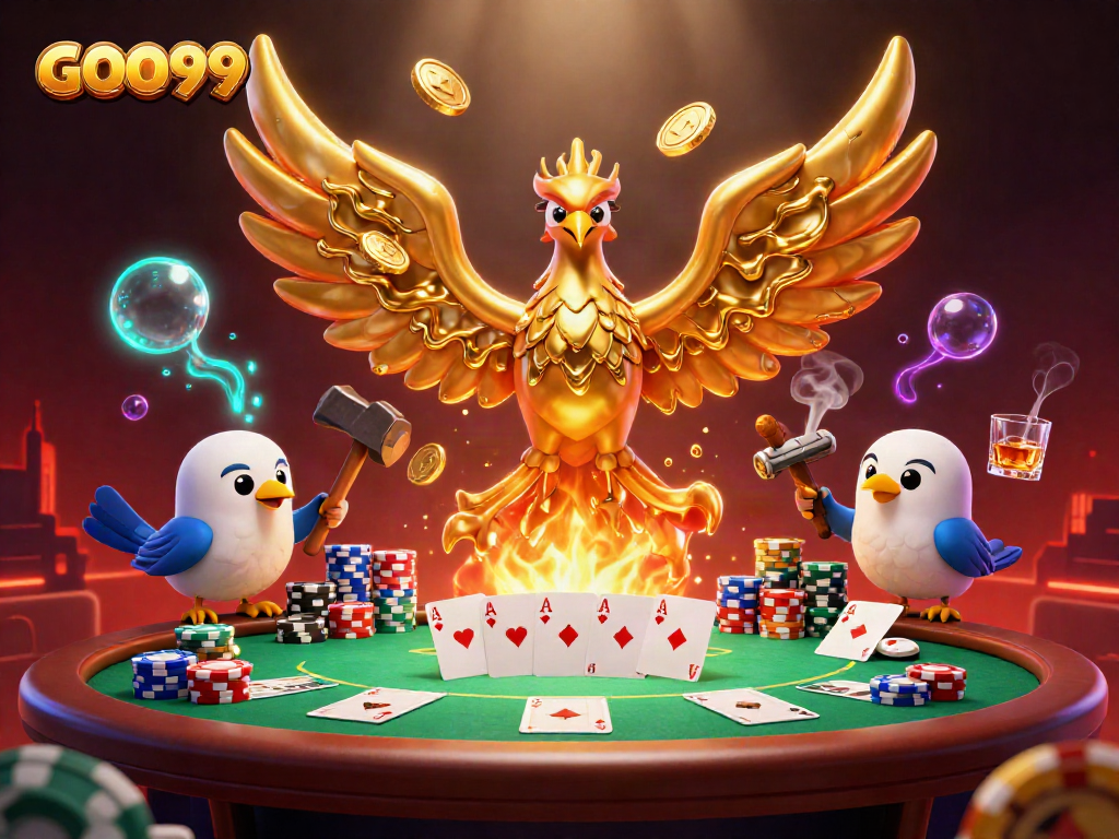 Experience the thrill of GOO99 with a vibrant 3D illustration of a golden phoenix emerging in a casino scene.