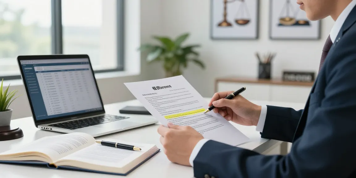 Kira sözleşmesi örneği incelenen modern ofis ortamında avukatın derinlemesine çalışması.