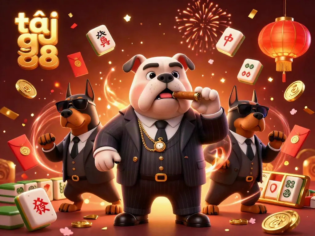 Experience the thrill of tải go 88 with a dynamic scene of a mafia bulldog and his Doberman bodyguards amidst festive gaming elements.