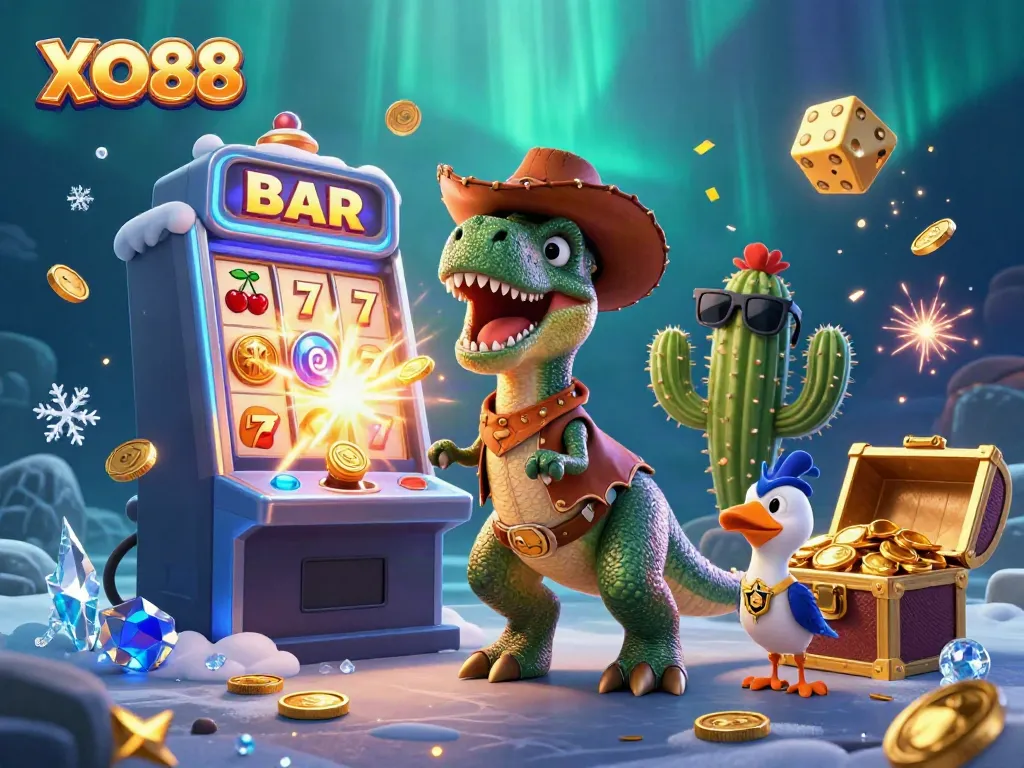 Experience the excitement of XO88 with a colorful 3D casino illustration bursting with jackpots and vibrant characters.