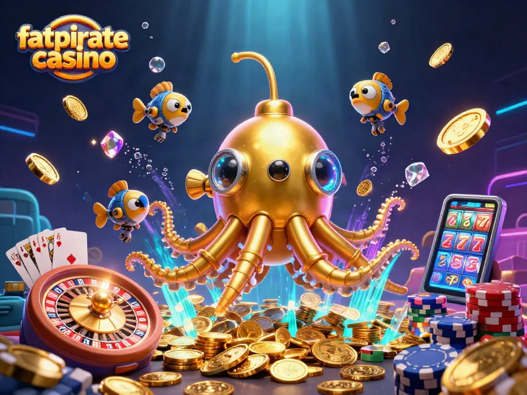 Experience the excitement of fatpirate casino with colorful poker chips and shimmering gems.